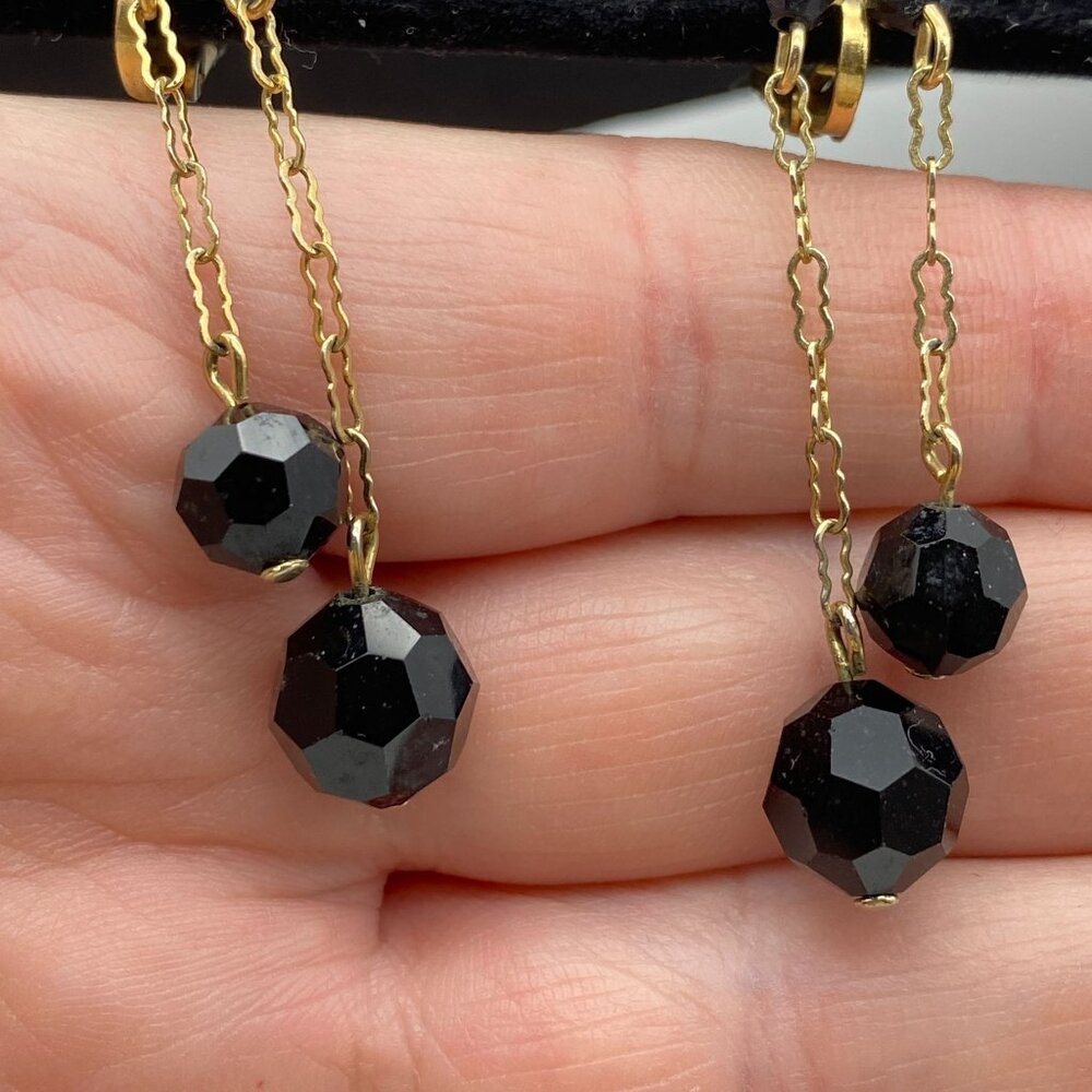 VTG Victorian style mourning earrings dangle black glass faceted glass
